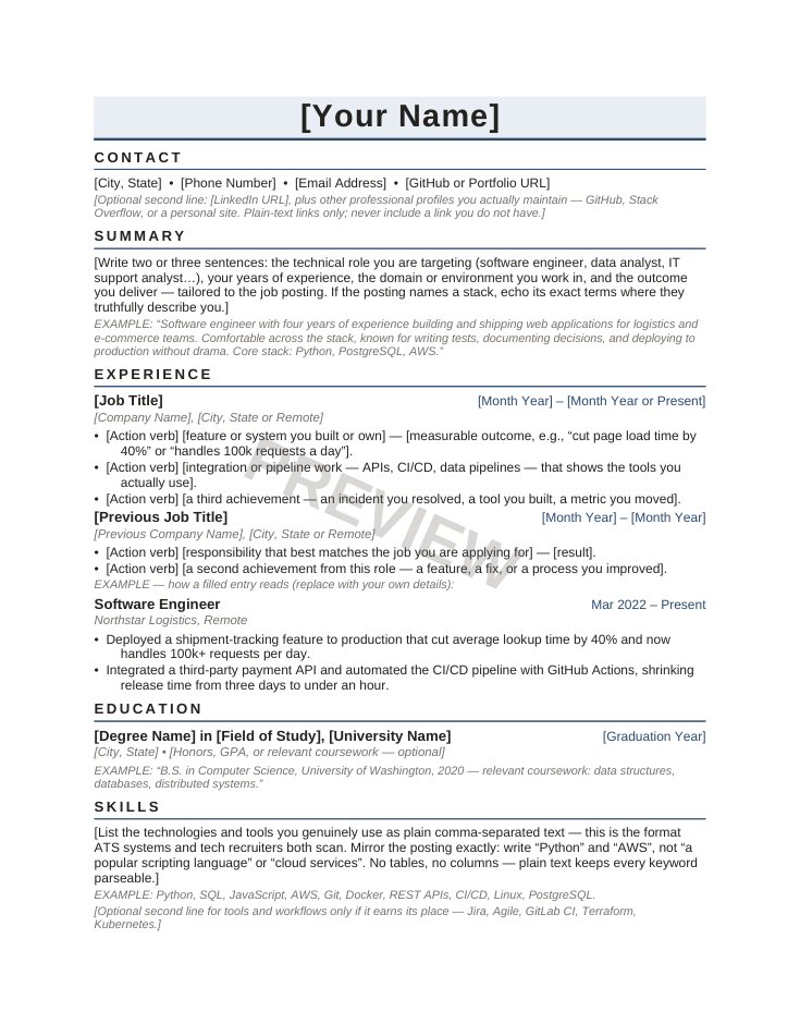 ATS-Friendly Resume & Cover Letter Pack: Technical preview