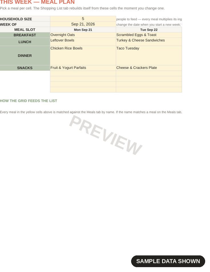 Automated Meal Planner Spreadsheet preview