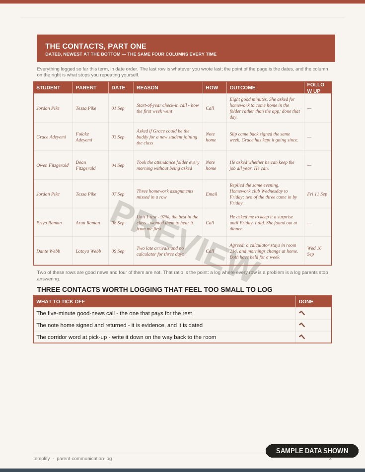 Parent Communication Log preview
