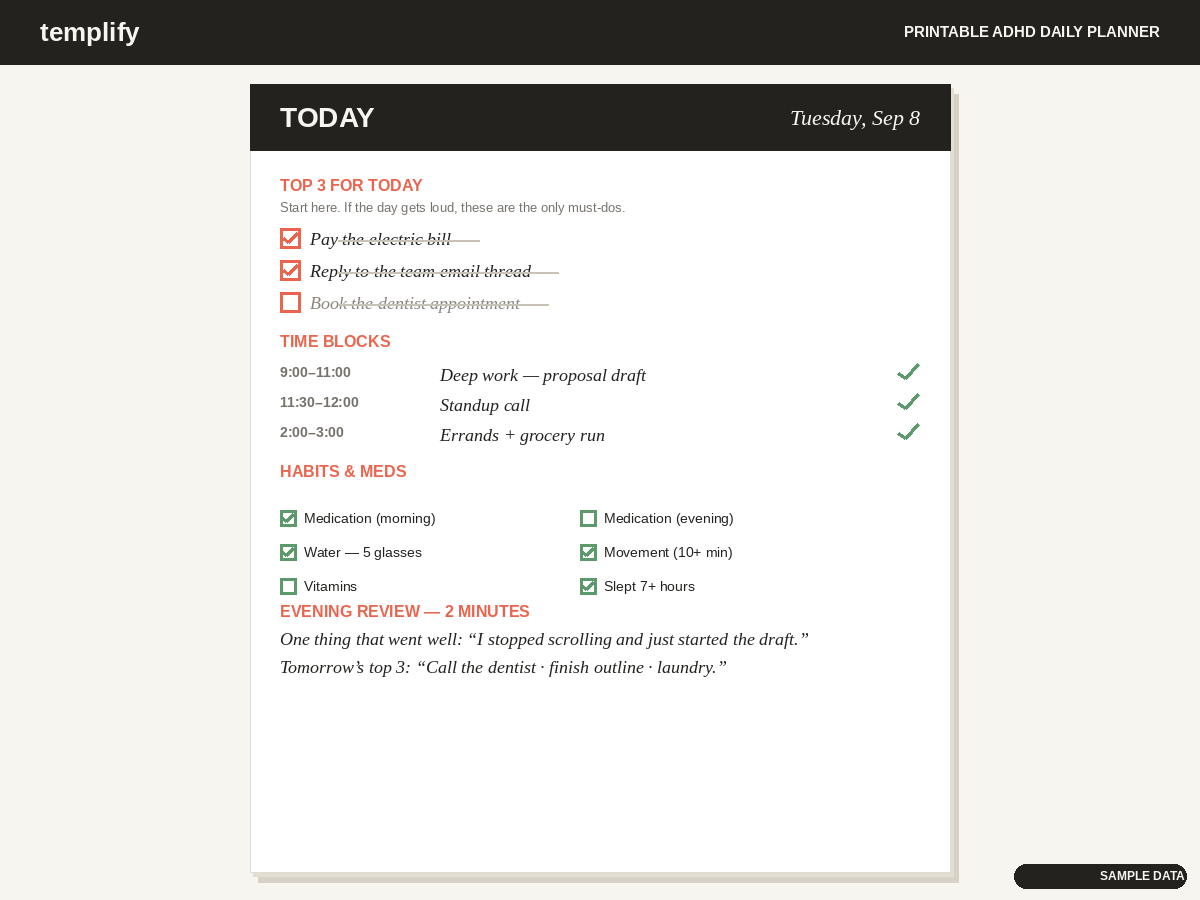Printable ADHD Daily Planner preview