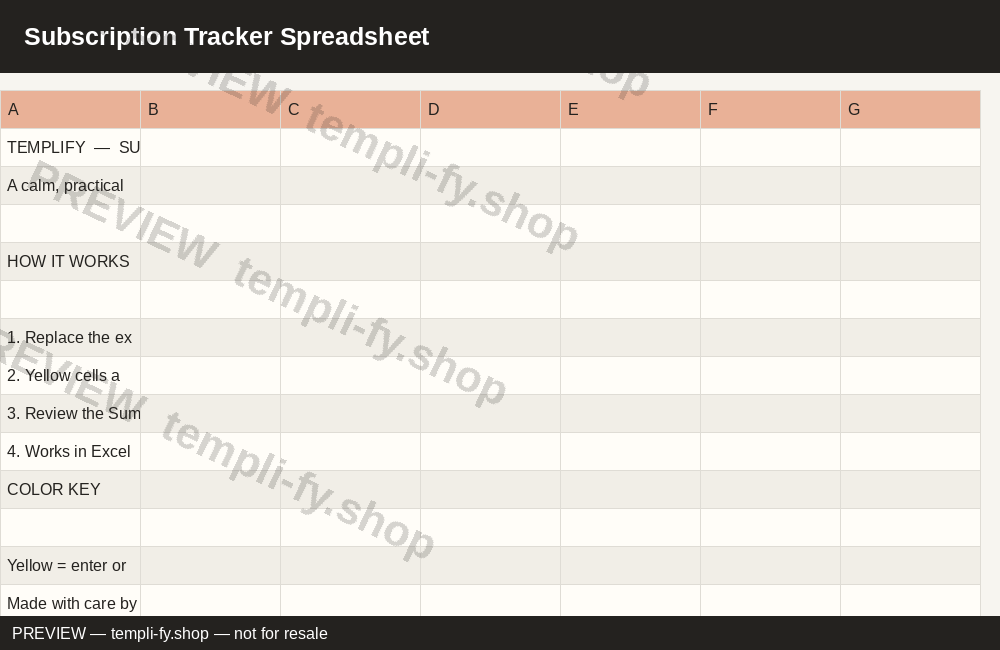 Subscription Tracker Spreadsheet preview